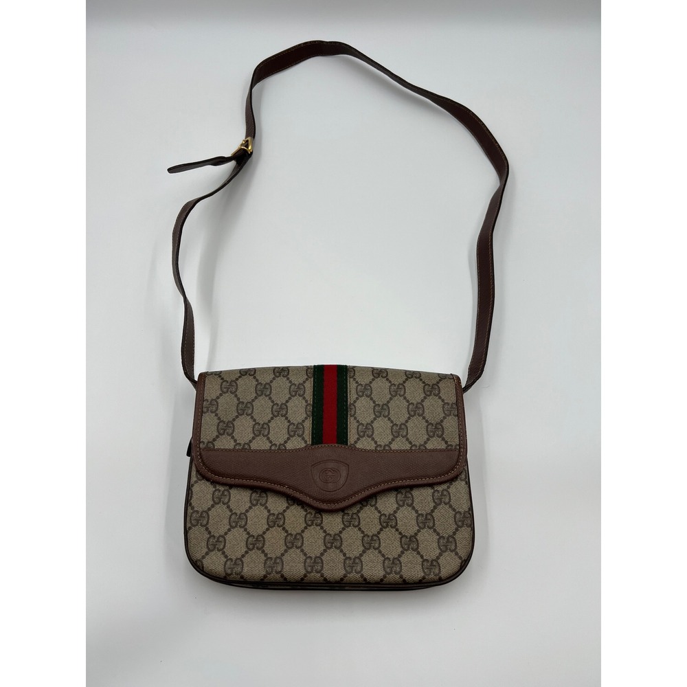 Gucci Vintage Crossbody Bag Brown GG Supreme Web Stripe Canvas Leather